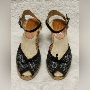 Coach Megan Black and Tan Espadrille Wedge Sandals